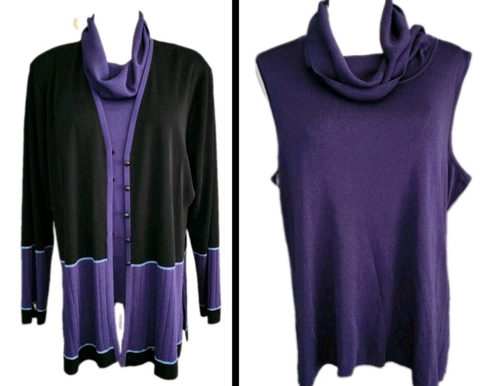 Exclusively Misook Cowl Neck Shell Sweater & Cardigan Set XL Black Button Front